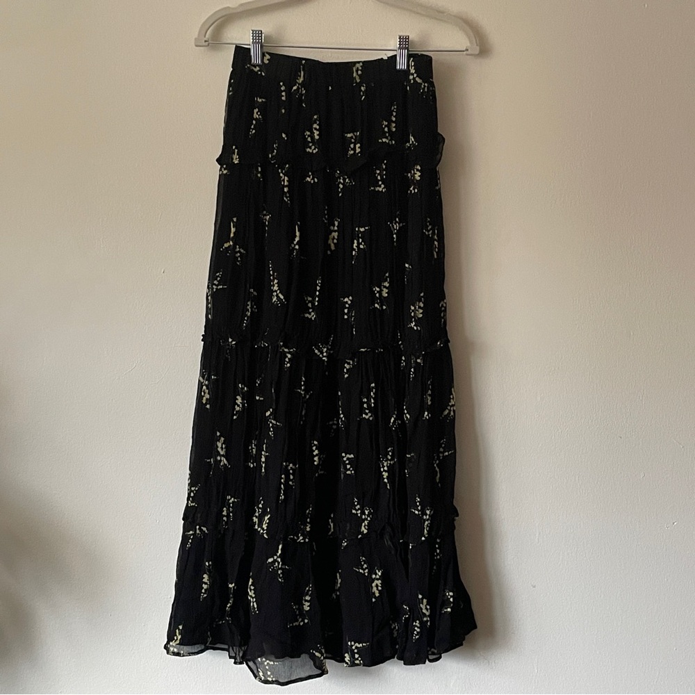 ba&sh Margarita Midi Skirt Maxi black floral tiered ruffle cottagecore boho sml - Picture 4 of 9